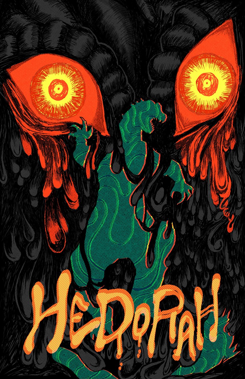2others absurdres blob character_name claws genc godzilla godzilla_(series) godzilla_vs._hedorah hedorah highres monster multiple_others no_humans open_mouth orange_eyes sharp_teeth silhouette teeth toho trapped wide-eyed