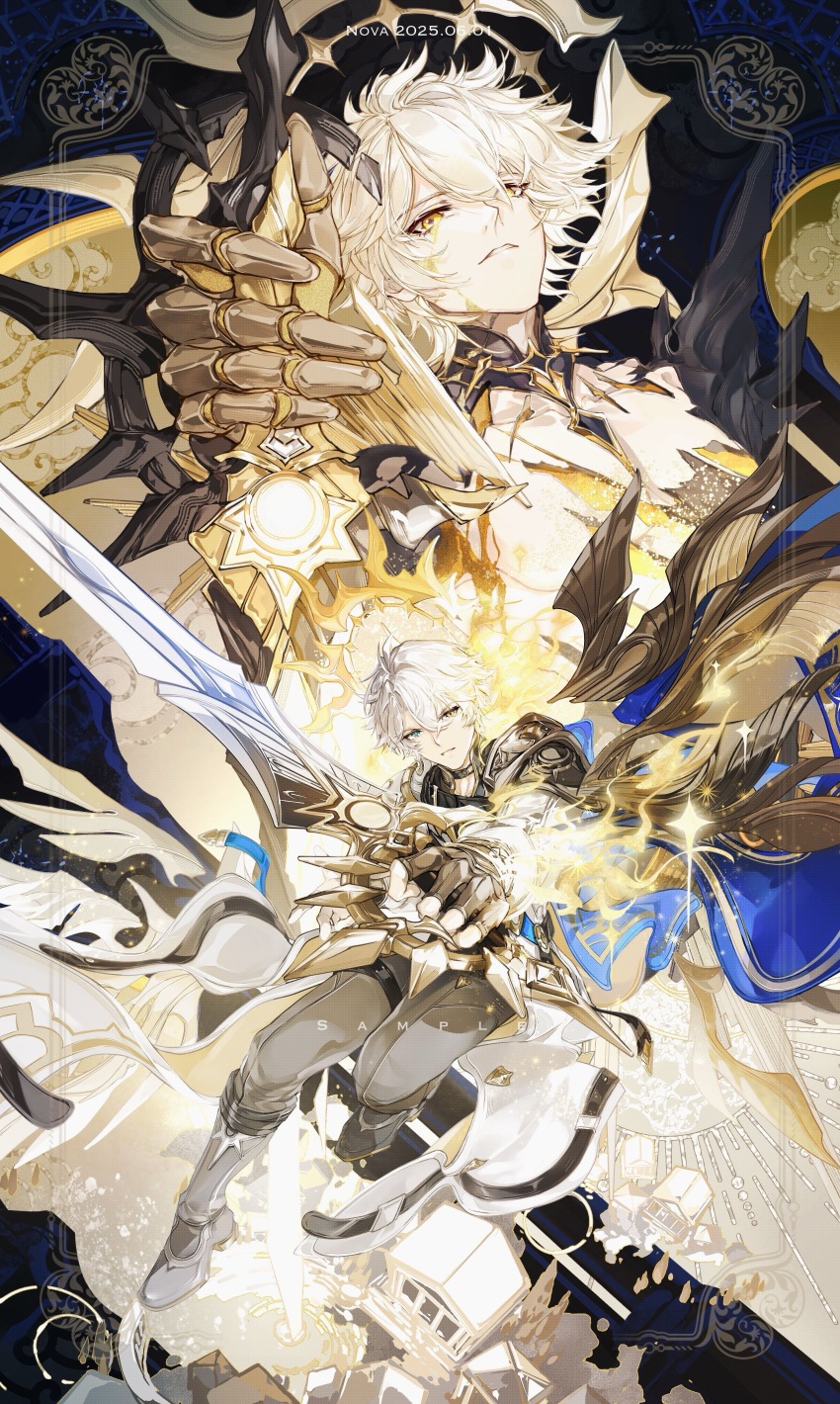 2boys absurdres alternate_form antenna_hair armor black_choker black_gloves black_pants black_shirt blonde_hair blue_cape blue_eyes boots cape chinese_commentary choker clawed_gauntlets coat commentary_request cracked_skin dual_persona fingerless_gloves floating_cape gloves hair_between_eyes halo halo_behind_head heterochromia highres holding holding_sword holding_weapon honkai:_star_rail honkai_(series) knee_boots male_focus material_growth multiple_boys nnnnnova pants pauldrons phainon_(honkai:_star_rail) shirt short_hair shoulder_armor single_pauldron single_wing sword thigh_strap torn_clothes torn_shirt weapon white_coat white_hair wings yellow_blood yellow_eyes