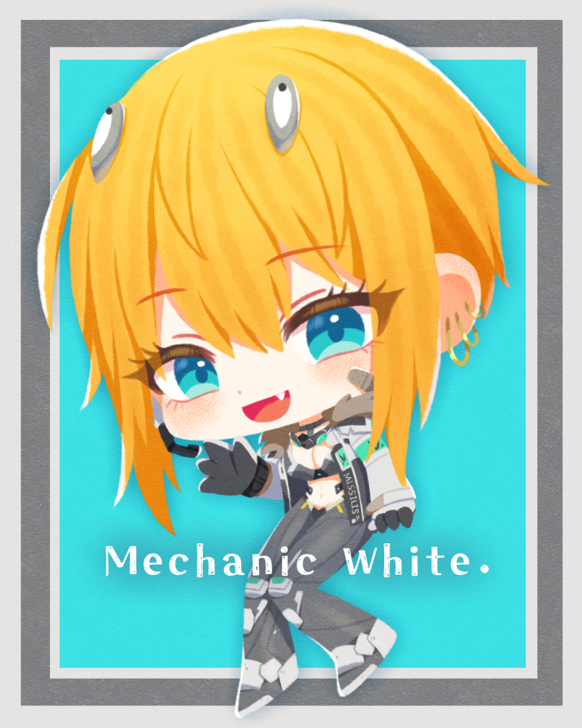 1girl :d aqua_armband aqua_background armband bandaid bandaid_on_cheek bandaid_on_face black_choker black_gloves black_sports_bra blonde_hair blue_eyes breasts chibi chibi_only choker cleavage commentary_request ear_piercing earpiece full_body fur-trimmed_jacket fur_trim gloves goddess_of_victory:_nikke hair_between_eyes highres hoshino_hikari jacket large_breasts looking_at_viewer mask mask_around_neck maxwell_(mechanic_white)_(nikke) maxwell_(nikke) midriff multiple_piercings navel official_alternate_costume open_clothes open_jacket open_mouth piercing short_hair short_hair_with_long_locks sidelocks smile solo sports_bra two-tone_gloves white_gloves white_jacket