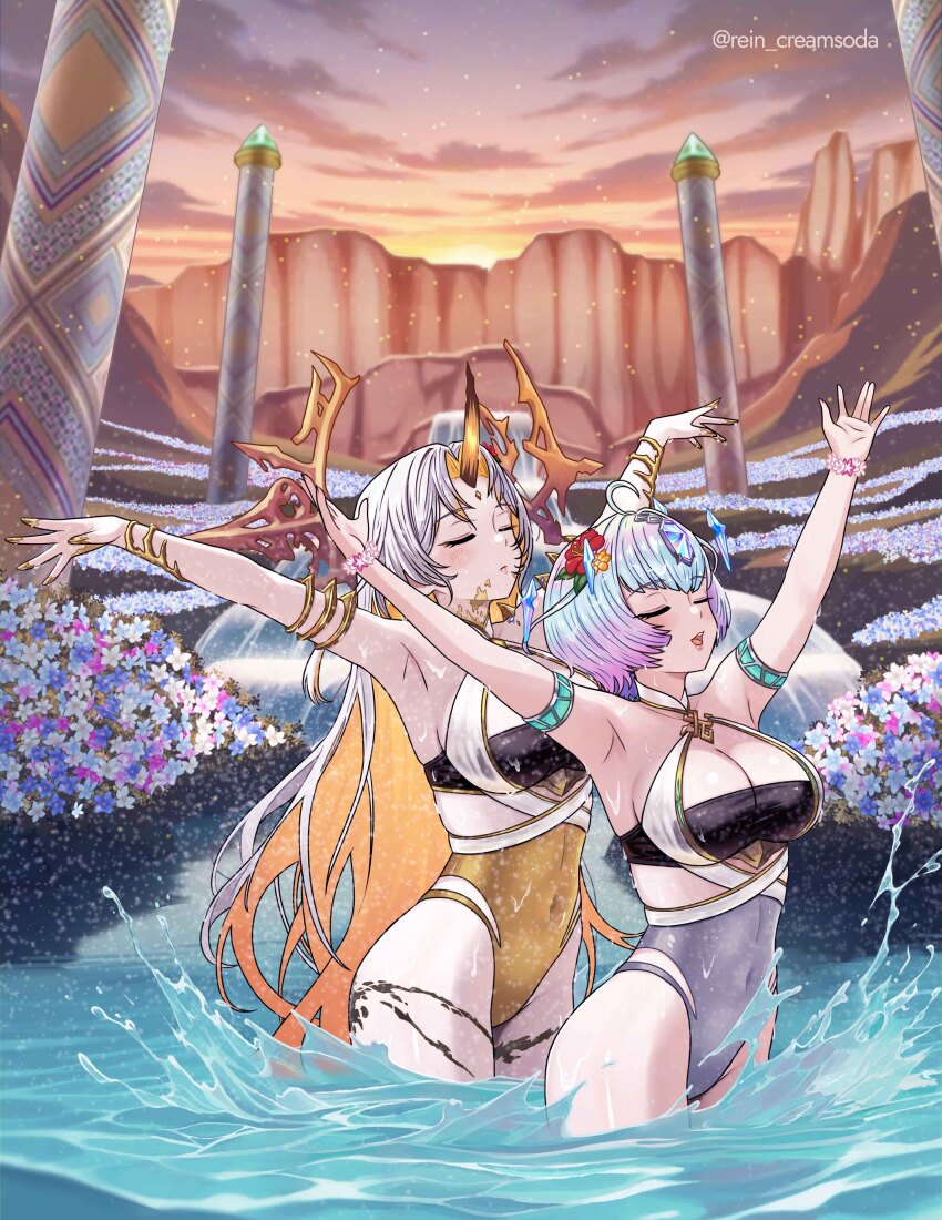 2girls absurdres breasts closed_eyes commission fire_emblem fire_emblem_heroes gold_horns gullveig_(fire_emblem) gullveig_(summer)_(fire_emblem) highres horns large_breasts multiple_girls nintendo pale_skin rein_creamsoda seidr_(fire_emblem) seidr_(summer)_(fire_emblem) single_horn synchronized_swimming water yellow_horns