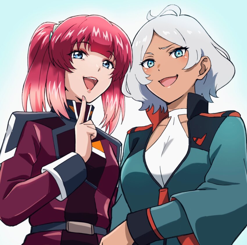 2girls agnes_giebenrath asticassia_school_uniform blue_background blue_eyes blush breasts dark-skinned_female dark_skin green_eyes grey_hair gundam gundam_seed gundam_seed_freedom gundam_suisei_no_majo hair_ornament halterneck highres jacket komagoma large_breasts leotard lipstick long_hair long_sleeves looking_at_viewer makeup military_uniform multiple_girls open_mouth pink_hair purple_eyes red_hair school_uniform secelia_dote short_hair smile twintails zaft_uniform