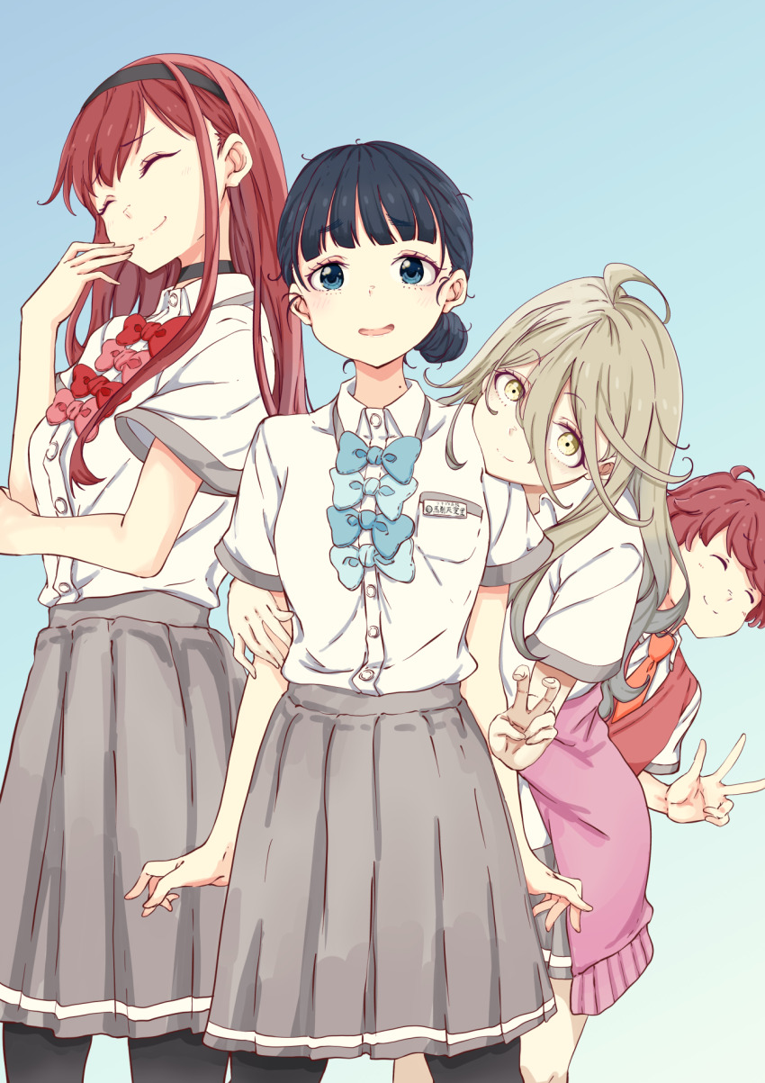 1boy 3girls ahoge basori_tiara black_hair black_hairband black_pantyhose blonde_hair blue_background blue_bow blue_bowtie blue_eyes bow bowtie cardigan cardigan_around_waist closed_eyes closed_mouth clothes_around_waist collared_shirt commentary_request gradient_background grey_skirt hair_between_eyes hair_bun hairband highres houkobaru_hibari hug hug_from_behind long_hair long_hair_between_eyes looking_at_viewer make_heroine_ga_oo_sugiru! mole mole_on_neck mono9ron multiple_girls necktie open_mouth orange_necktie pantyhose pink_bow pink_bowtie pleated_skirt red_bow red_bowtie red_hair red_sweater_vest sakurai_hiroto school_uniform shikiya_yumeko shirt short_hair short_sleeves skirt smile standing summer_uniform sweater_vest tsuwabuki_high_school_uniform v white_shirt yellow_eyes