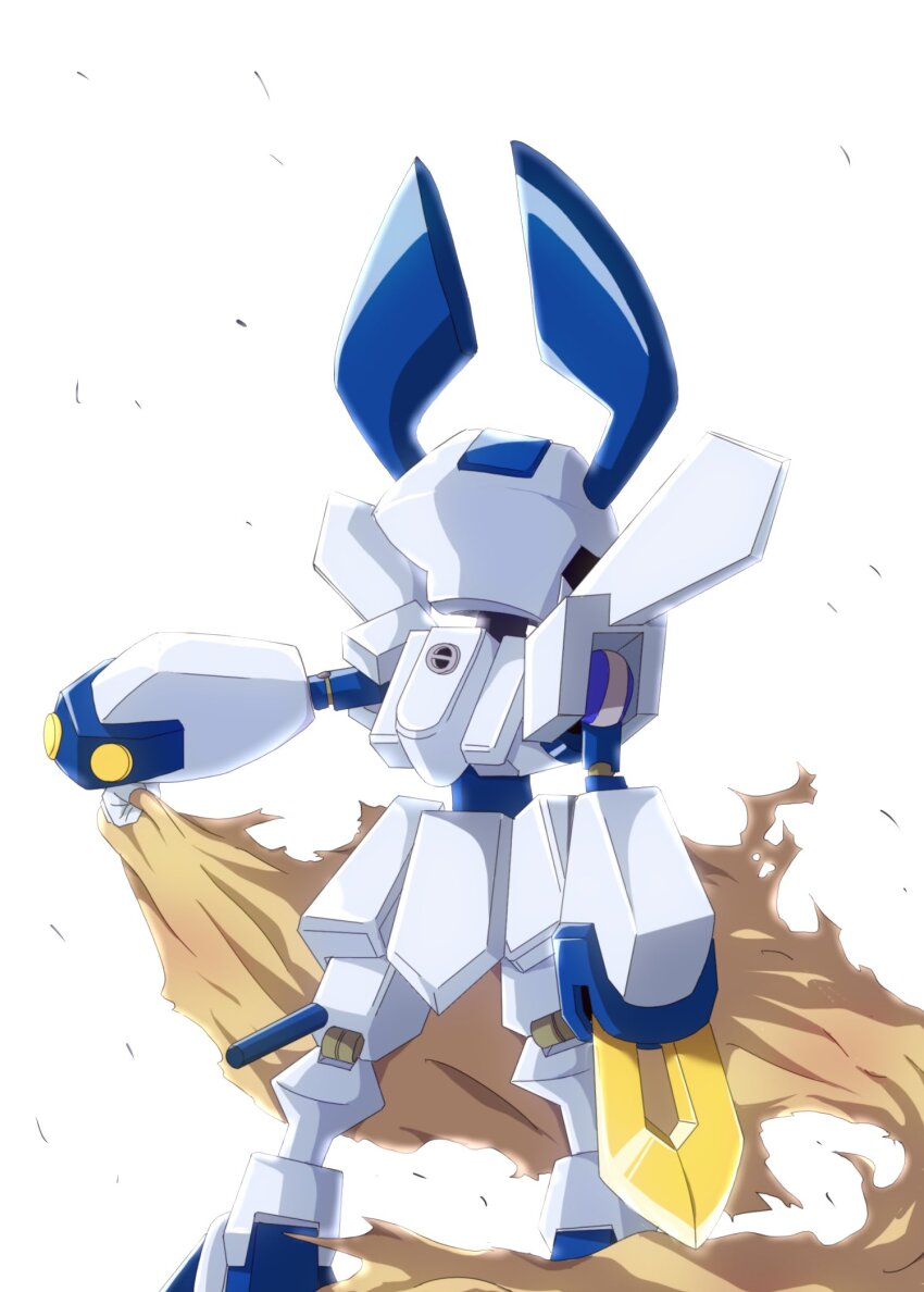 1boy arm_blade armor from_behind highres holding_cloak humanoid_robot ienosuke_(mr1058) male_focus medarot robot rokusho_(medarot) simple_background solo weapon white_armor white_background