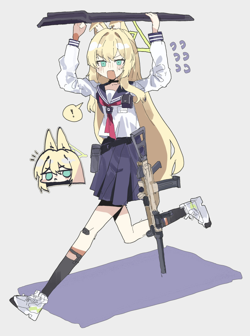 ! 1girl absurdres animal_ears assault_rifle bandaid bandaid_on_leg black_socks blonde_hair blue_archive blue_sailor_collar blue_skirt blush chibi commentary_request flying_sweatdrops fox_ears green_eyes green_halo grey_background gun h&amp;k_ump halo highres kneehighs korean_commentary kurumi_(blue_archive) long_hair long_sleeves looking_at_viewer magazine_(weapon) multiple_views neckerchief odmised open_mouth pleated_skirt red_neckerchief rifle running sailor_collar school_uniform serafuku shirt shoes simple_background skirt sneakers socks spoken_exclamation_mark submachine_gun weapon white_shirt white_shoes