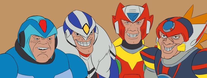 4boys android axl_(mega_man) blonde_hair commentary derivative_work english_commentary essai grin helmet in-franchise_crossover looking_at_viewer male_focus marvel me_and_the_boys_(meme) mega_man_(series) mega_man_x_(series) meme multiple_boys orange_hair over-1_(mega_man) rockman_xover simple_background smile spider-man_(series) upper_body x_(mega_man) zero_(mega_man)
