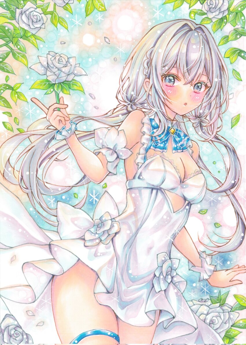 1girl :o blue_bow blue_bowtie blush bow bowtie breasts cleavage commentary_request covered_navel cowboy_shot crossed_bangs dress flower grey_eyes grey_hair hair_intakes hananagi_honoka highres holding holding_flower large_breasts long_hair looking_at_viewer marker_(medium) original parted_lips rose short_dress sleeveless sleeveless_dress solo standing thigh_strap traditional_media very_long_hair white_dress white_flower white_rose