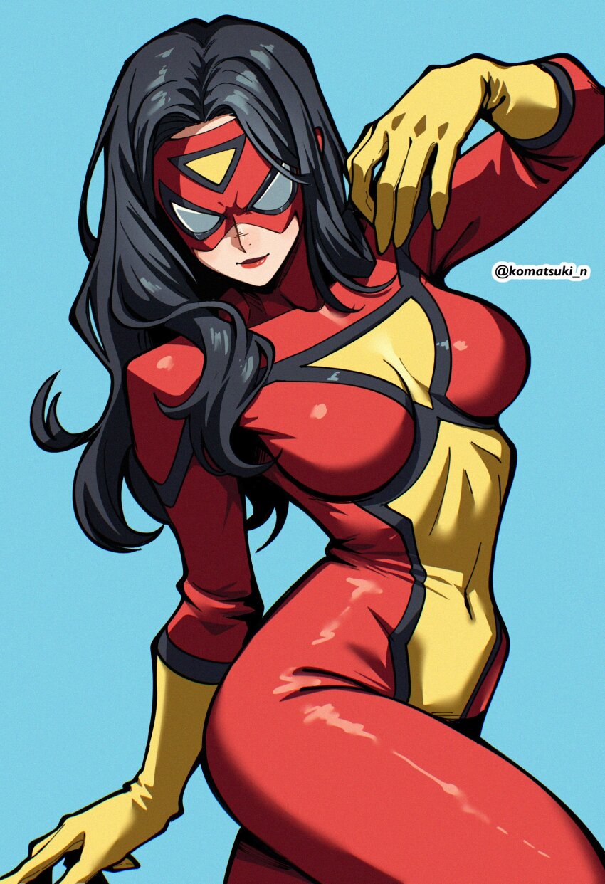1girl absurdres black_hair bodysuit breasts gloves highres jessica_drew komatsuki_n long_hair looking_at_viewer marvel mask medium_breasts red_bodysuit smile solo spider-man_(series) spider-woman spider_web_print superhero_costume two-tone_bodysuit