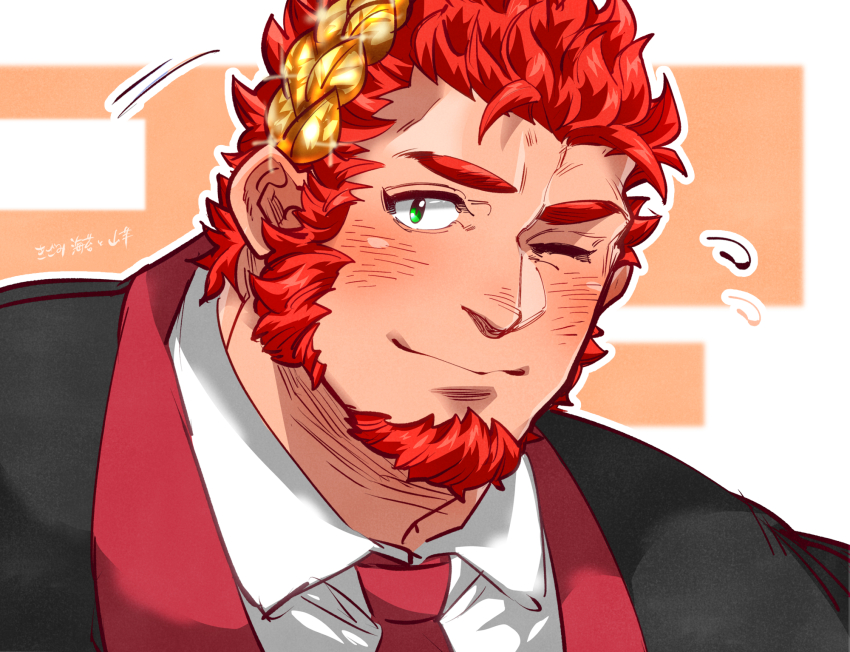 1boy bara blush claude_(housamo) close-up coat collared_shirt commentary_request facial_hair flying_sweatdrops glint goatee green_eyes highres kizami_nori_to_yamaimo laurel_crown light_smile long_sideburns looking_at_viewer male_focus mature_male motion_lines muscular muscular_male necktie one_eye_closed orange_background outline red_hair red_necktie shirt short_hair sideburns signature solo sparkle thick_eyebrows tokyo_houkago_summoners two-tone_background white_background white_outline white_shirt