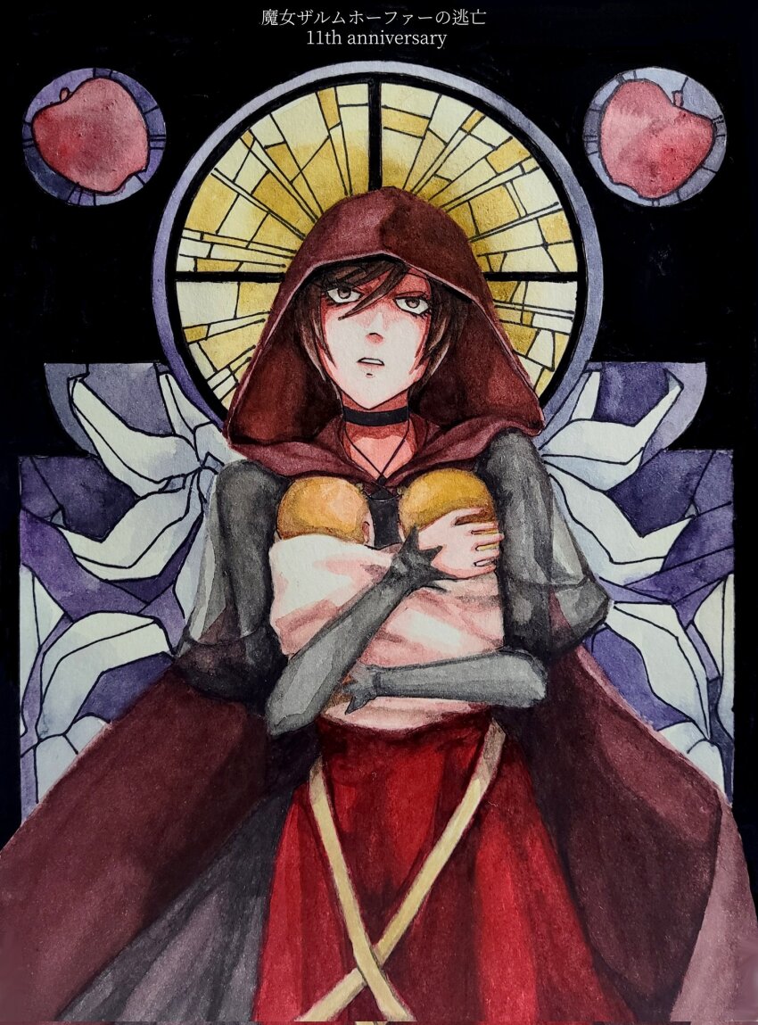 anniversary apple baby black_choker blonde_hair brother_and_sister brown_eyes brown_hair carrying_baby carrying_person choker cloak corrupted_twitter_file dress evillious_nendaiki food fruit gretel_(evillious_nendaiki) halo hansel_(evillious_nendaiki) highres hood hood_up hooded_cloak looking_up majo_salmhofer_no_toubou_(vocaloid) meiko_(vocaloid) meta28050 meta_salmhofer mother_and_daughter mother_and_son painting_(medium) parted_lips red_cloak red_dress see-through_clothes see-through_sleeves short_hair siblings solo_focus stained_glass traditional_media twins vocaloid watercolor_(medium)