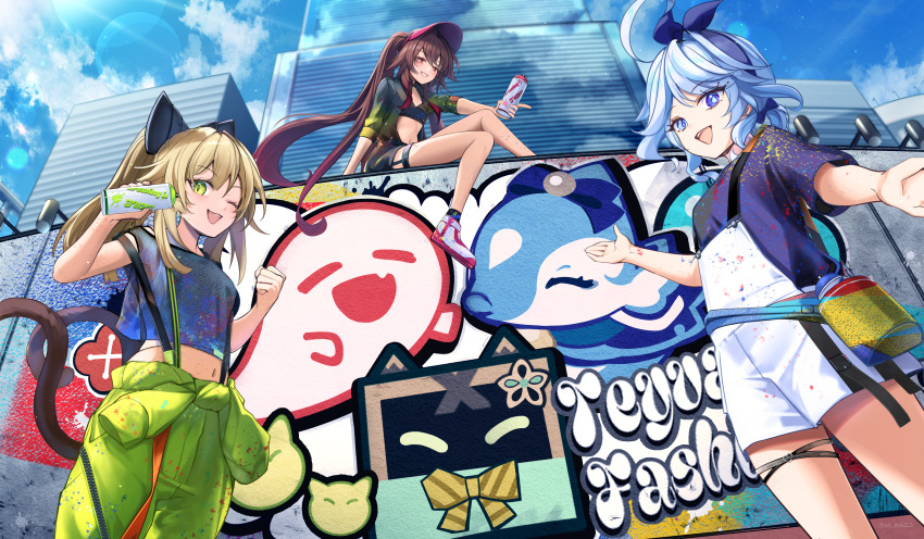 3girls :d ;d absurdres alternate_costume asahi_(vjss4548) black_shorts black_socks blue_eyes blue_hair blue_hairband blue_shirt blue_sky boo_tao_(genshin_impact) brown_hair building cat_girl cat_tail city cloud commentary_request contemporary day drop-shaped_pupils furina_(genshin_impact) genshin_impact graffiti green_eyes green_jumpsuit green_shirt grin hairband highres hu_tao_(genshin_impact) jumpsuit jumpsuit_around_waist kirara_(genshin_impact) long_hair looking_at_viewer midriff multiple_girls multiple_tails navel one_eye_closed open_mouth outdoors paint_on_body paint_on_clothes ponytail red_eyes shirt shoes short_sleeves shorts sitting_on_wall sky skyscraper slit_pupils smile sneakers socks spray_paint surintendante_chevalmarin suspenders symbol-shaped_pupils t-shirt tail twintails two_tails very_long_hair visor_cap white_footwear