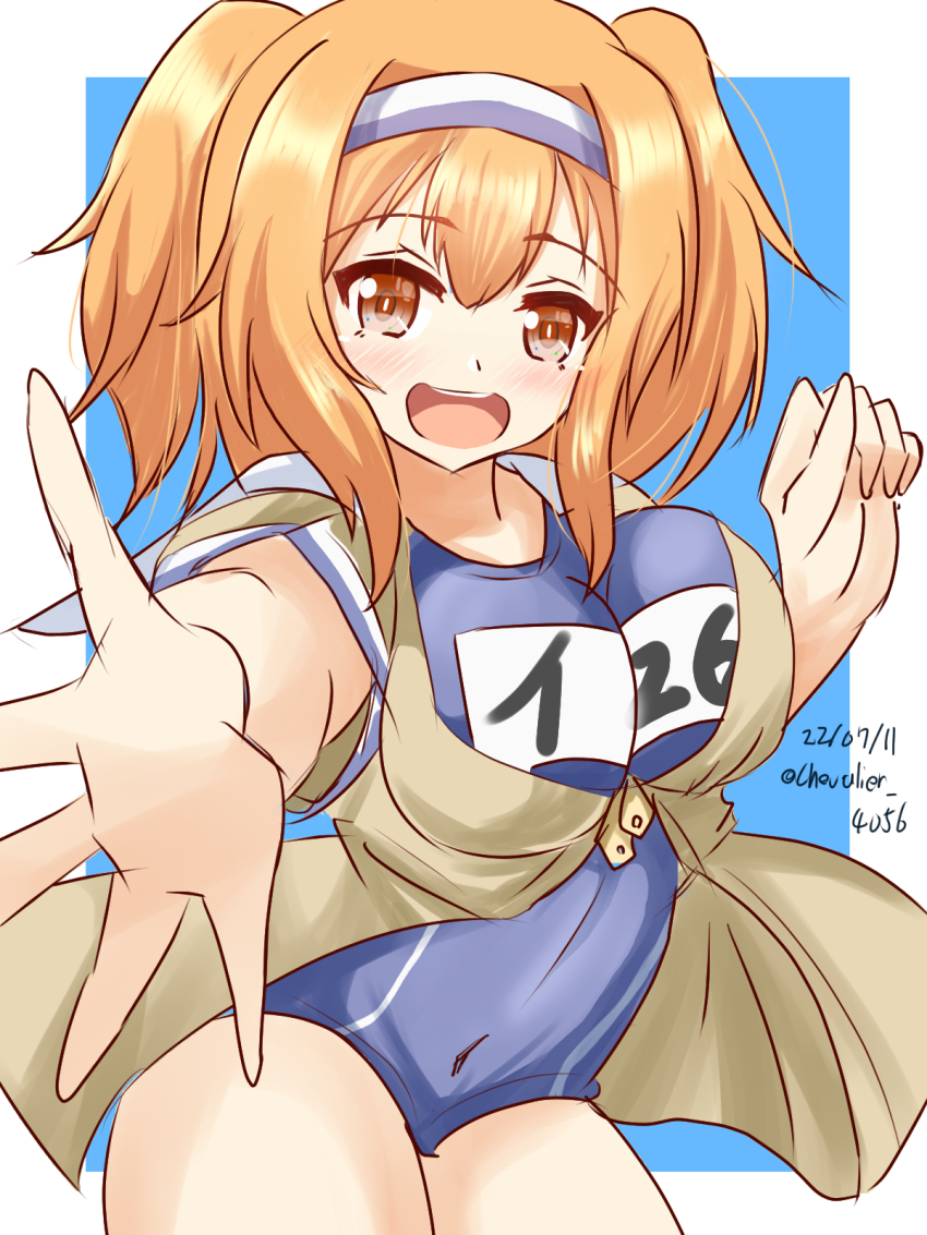 breasts brown_eyes clothes_writing covered_navel cowboy_shot dated green_jacket hairband highres i-26_(kancolle) jacket kantai_collection large_breasts light_brown_hair long_hair looking_at_viewer name_tag new_school_swimsuit one-piece_swimsuit open_mouth sailor_collar sawatani_(chevalier_04056) school_swimsuit short_sleeves signature smile swimsuit swimsuit_under_clothes two-tone_hairband two_side_up