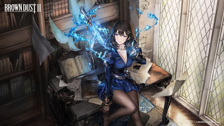 1girl absurdres adjusting_footwear artist_request belt black_footwear black_hair book bookshelf breasts brown_dust_(series) brown_dust_2 brown_eyes brown_gloves brown_pantyhose closed_mouth copyright_name dagger eyebrows_hidden_by_hair feet_out_of_frame flying_paper gem gloves glowing glowing_weapon hair_between_eyes hair_ornament hairclip highres hydrokinesis juliet_sleeves knees_together_feet_apart knife large_breasts long_sleeves looking_up official_art official_wallpaper open_book pantyhose paper pointing puffy_sleeves rug scheherazade_(brown_dust) scheherazade_(the_lapis_witch)_(brown_dust) second-party_source shirt sitting sitting_on_table smile solo water weapon white_shirt window_shadow wooden_floor