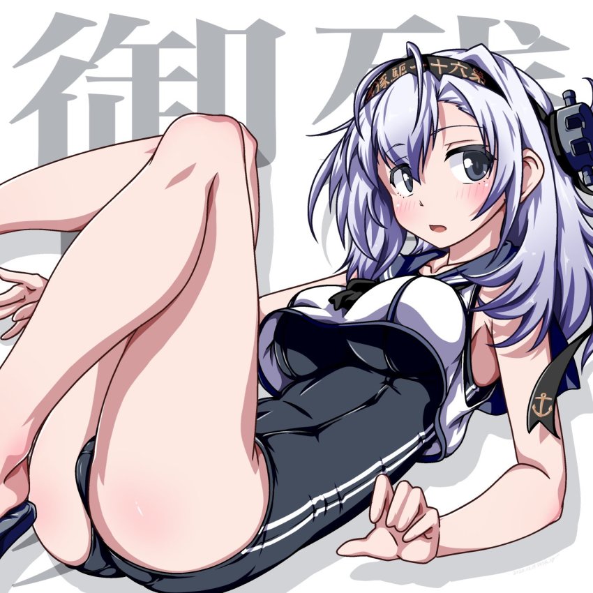 1girl 547th_sy anchor_symbol text_background black_neckwear black_one-piece_swimsuit blush breasts clothes_writing cosplay grey_hair hachimaki headband headgear highres kantai_collection large_breasts one-piece_swimsuit open_mouth ro-500_(kancolle) ro-500_(kancolle)_(cosplay) sailor_collar sandals simple_background solo suzutsuki_(kancolle) swimsuit swimsuit_under_clothes white_background