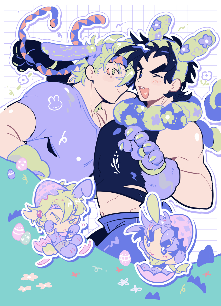 2boys :d absurdres animal_ears animal_hands bare_shoulders battle_tendency black_hair black_shirt blue_eyes blush caesar_anthonio_zeppeli chibi chibi_inset crop_top drawn_flower drop_shadow easter easter_egg egg facial_mark fake_animal_ears flower gloves gogeyama green_eyes green_hair green_shorts grid_background hair_between_eyes hair_ornament headband heart heart_in_mouth highres jojo_no_kimyou_na_bouken joseph_joestar male_focus messy_hair midriff multicolored_scarf multiple_boys muscular muscular_male navel one_eye_closed open_mouth outline paw_gloves purple_shirt rabbit_ears scarf shirt short_hair shorts smile striped_clothes striped_scarf tight_top white_outline yaoi