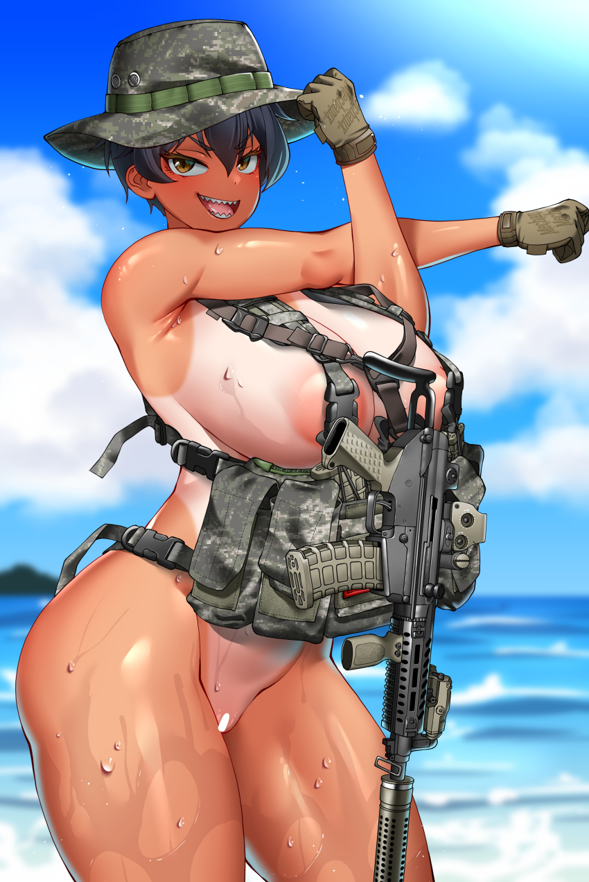 absurdres assault_rifle bar_censor beach black_hair blue_sky boonie_hat breasts censored cloud cross-body_stretch day gloves gun hat highres hitch_(perotoss) large_breasts military open_mouth original republic_of_korea_army rifle sharp_teeth short_hair sky sweat tan tanline teeth tomboy water weapon