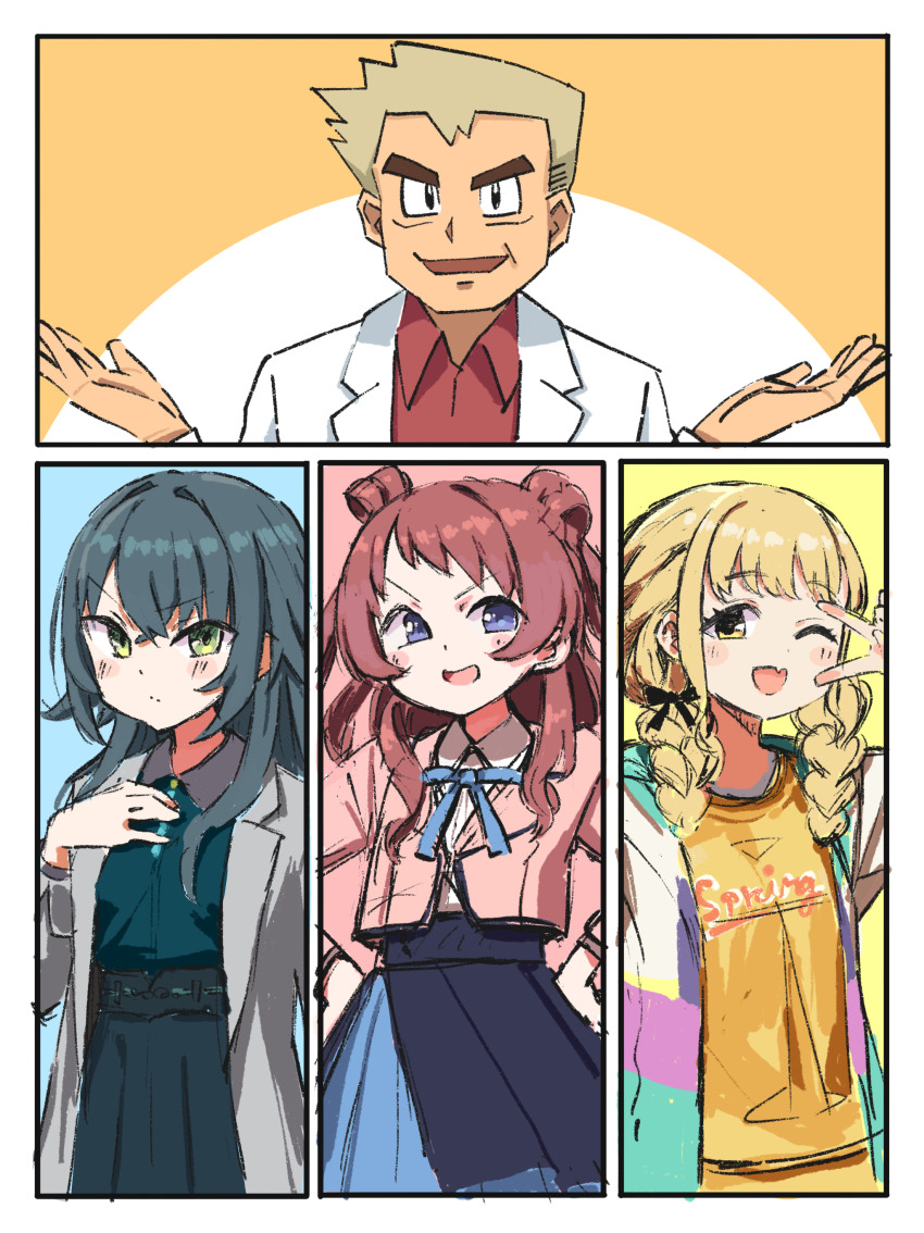 1boy 3girls ;d absurdres blonde_hair blush coat commentary_request cropped_jacket crossover dolphilia fang fujita_kotone gakuen_idolmaster green_hair grey_coat hanami_saki hatsuboshi_gakuen_school_uniform highres idolmaster jacket lab_coat looking_at_viewer multicolored_jacket multiple_girls nintendo old old_man one_eye_closed open_mouth pink_jacket pokemon red_hair professor_oak school_uniform skin_fang smile tsukimura_temari v v_over_eye