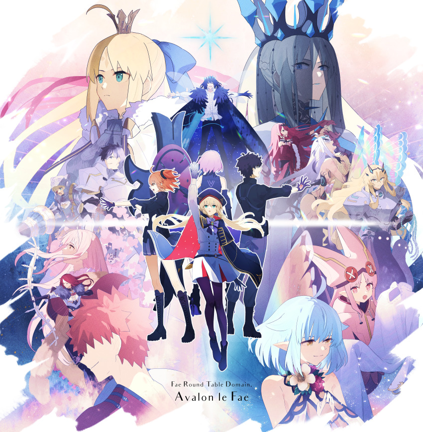5boys 6+girls :o absurdres ahoge armor artoria_caster_(fate) artoria_caster_(second_ascension)_(fate) artoria_caster_(third_ascension)_(fate) artoria_pendragon_(fate) aurora_(fate) baobhan_sith_(fate) baobhan_sith_(first_ascension)_(fate) bare_shoulders barghest_(fate) barghest_(first_ascension)_(fate) black_cape black_footwear black_gloves black_hair black_pantyhose black_shirt blonde_hair blood blood_on_face blue_cape blue_eyes blue_hair blue_hat blue_lips body_markings bow cape chain cnoc_na_riabh_(fate) crown detached_sleeves dress emiya_shirou fate/grand_order fate_(series) frilled_dress frills fujimaru_ritsuka_(female) fujimaru_ritsuka_(female)_(polar_chaldea_uniform) fujimaru_ritsuka_(male) fujimaru_ritsuka_(male)_(polar_chaldea_uniform) full_body gareth_(fate) gloves green_eyes grey_eyes grey_hair grey_pants grey_skirt habetrot_(fate) hair_ornament hair_ribbon hand_up hat highres hood hoodie hope_(fate) long_hair looking_at_viewer looking_up mash_kyrielight mash_kyrielight_(demi-servant) medb_(fate) melusine_(fate) melusine_(third_ascension)_(fate) morgan_le_fay_(fate) morgan_le_fay_(queen_of_winter)_(fate) multiple_boys multiple_girls ninjin_(ne_f_g_o) oberon_(fate) oberon_(third_ascension)_(fate) open_mouth orange_eyes orange_hair pants pantyhose percival_(fate) pink_eyes pink_hair pink_hoodie pointy_ears ponytail purple_hair red_cape red_dress red_hair ribbon senji_muramasa_(fate) shield shirt short_hair side_ponytail sidelocks skirt smile tristan_(fate) twintails upper_body veil white_dress white_hair wings yellow_eyes