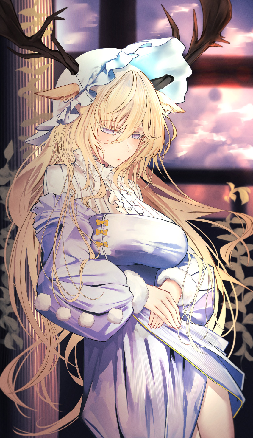 1girl absurdres alternate_costume animal_ears antlers antlers_through_headwear arknights blonde_hair bonnet breasts cloud cloudy_sky commentary cowboy_shot deer_antlers deer_ears deer_girl dress dusk ears_through_headwear expressionless eyelashes frilled_shirt frilled_shirt_collar frilled_sleeves frills fur-trimmed_sleeves fur_trim hair_between_eyes half-closed_eyes highres horns long_hair looking_down medium_breasts mo_komo_momo off-shoulder_dress off_shoulder own_hands_together parted_lips pillar purple_dress purple_eyes ribbed_shirt shirt sky solo standing very_long_hair viviana_(arknights) white_bonnet white_shirt