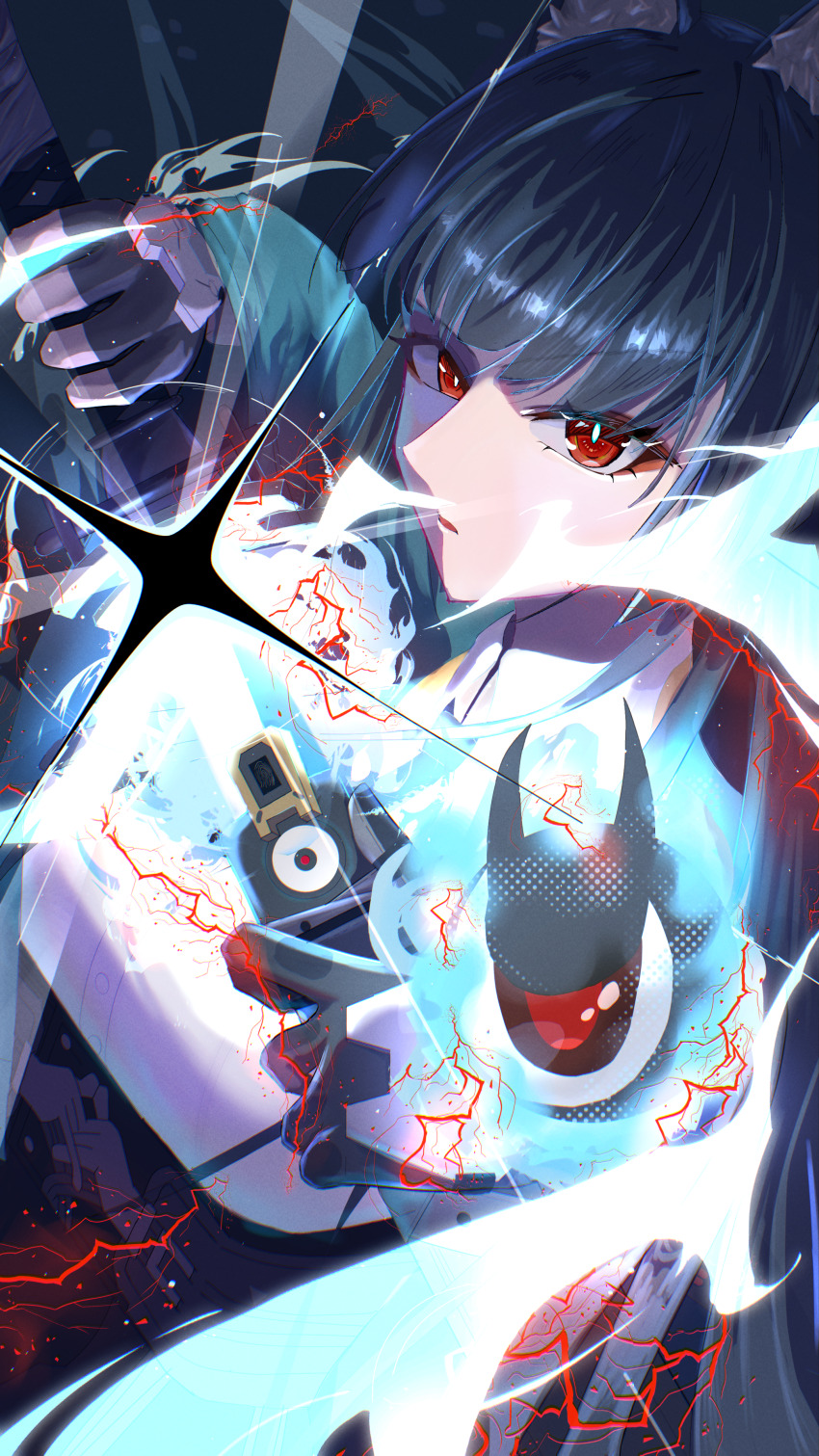 1girl absurdres animal_ear_fluff animal_ears black_hair blunt_bangs eyeball fox_ears fox_girl highres holding holding_sword holding_weapon hoshimi_miyabi katana long_hair looking_at_viewer na_hoon-a red_eyes sword tailless_(zenless_zone_zero) weapon zenless_zone_zero