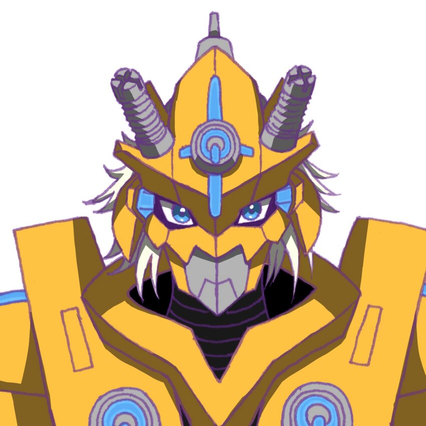 appmon armor blue_eyes bootmon digimon full_armor highres simple_background solo white_hair