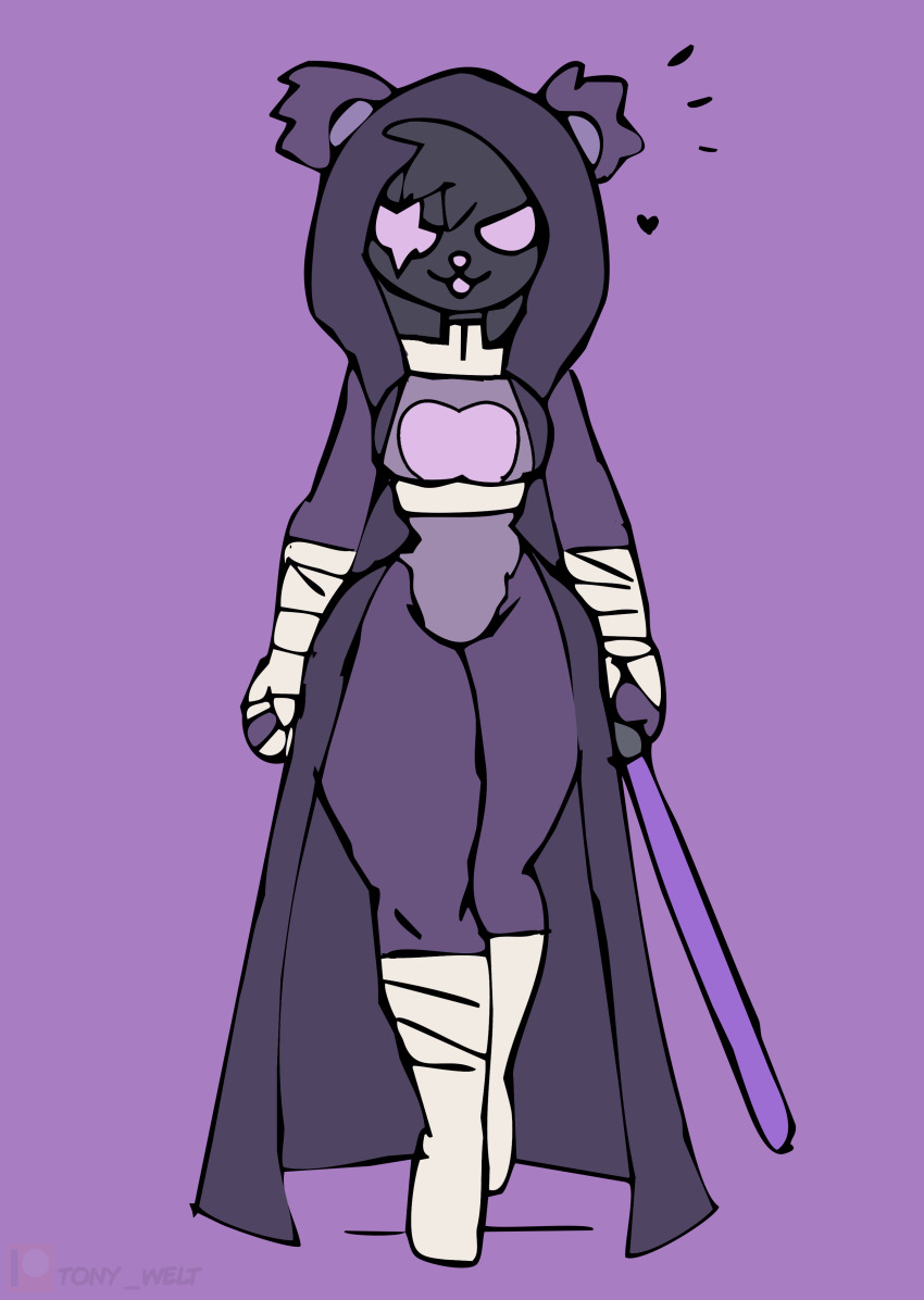 1girl :3 animal_ears bandaged_hand bandages bear_ears bear_girl bodysuit boots breasts cloak crossover energy_sword epic_games fortnite heart heart_print holding holding_sword holding_weapon hood hood_up hooded_cloak large_breasts lightsaber looking_at_viewer may_the_4th open_mouth print_bodysuit purple_background purple_bodysuit purple_cloak purple_eyes purple_fur raven_team_leader scar scar_across_eye scar_on_face sith sketch smile star_wars sword thick_thighs thighs tony_welt walking weapon white_boots wide_hips