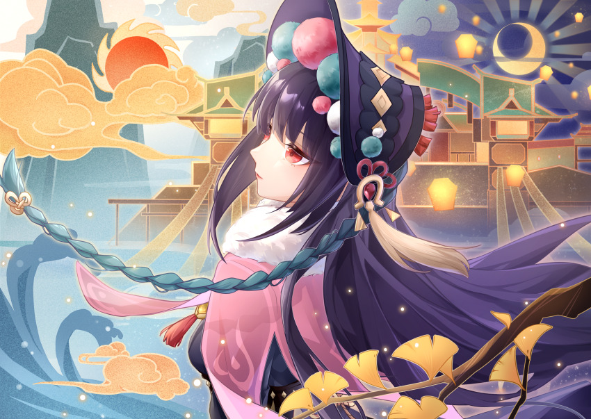1girl absurdres black_dress black_hair braid capelet chinese_new_year dress floating_hair from_side genshin_impact hamilundenongdizhe highres long_hair pink_capelet profile red_eyes solo upper_body yun_jin_(genshin_impact)