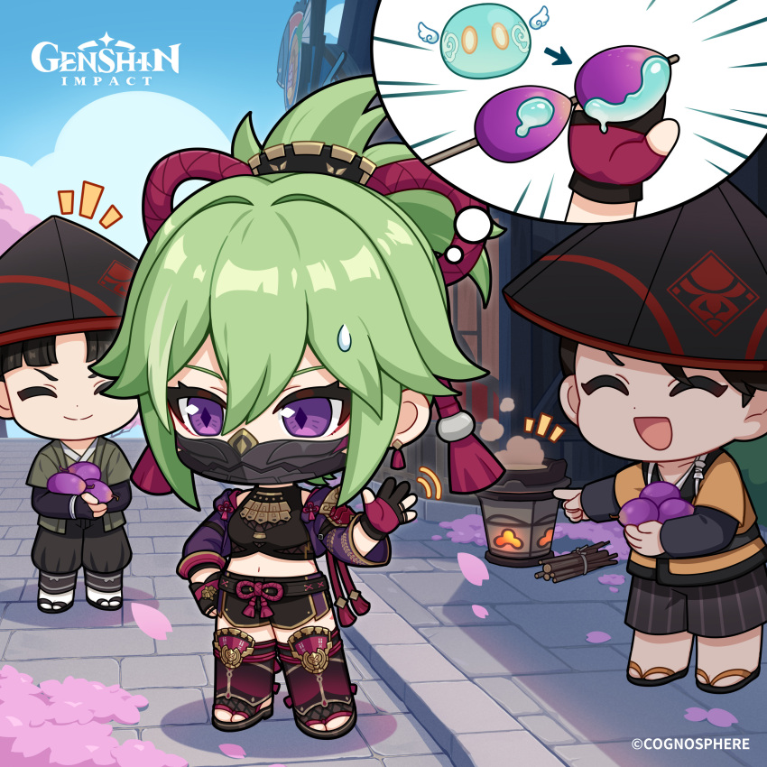 1girl 2boys absurdres anemo_slime_(genshin_impact) black_hair black_hat black_mask black_pants black_shorts blue_sky breasts cherry_blossoms chibi closed_eyes closed_mouth cloud commentary copyright_name day dot_nose earrings english_commentary food genshin_impact gloves green_hair hair_between_eyes hand_up hat highres holding holding_food japanese_clothes jewelry kuki_shinobu long_sleeves motion_lines multiple_boys navel official_art outdoors pants petals purple_eyes sandals short_shorts shorts sky slime_(genshin_impact) standing sweatdrop symbol-shaped_pupils tassel tassel_earrings v-shaped_eyebrows