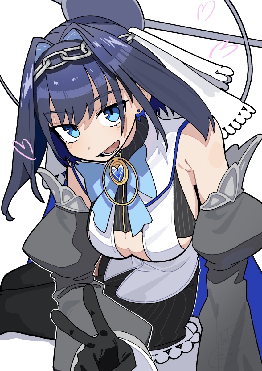 1girl absurdres armpit_crease black_gloves black_thighhighs blue_eyes blue_hair breasts cleavage detached_sleeves earrings fang gloves hair_intakes halo hanten_(hantennano) heart highres hololive hololive_english jewelry large_breasts looking_at_viewer open_mouth ouro_kronii ouro_kronii_(1st_costume) simple_background sitting skin_fang solo thighhighs v virtual_youtuber white_background