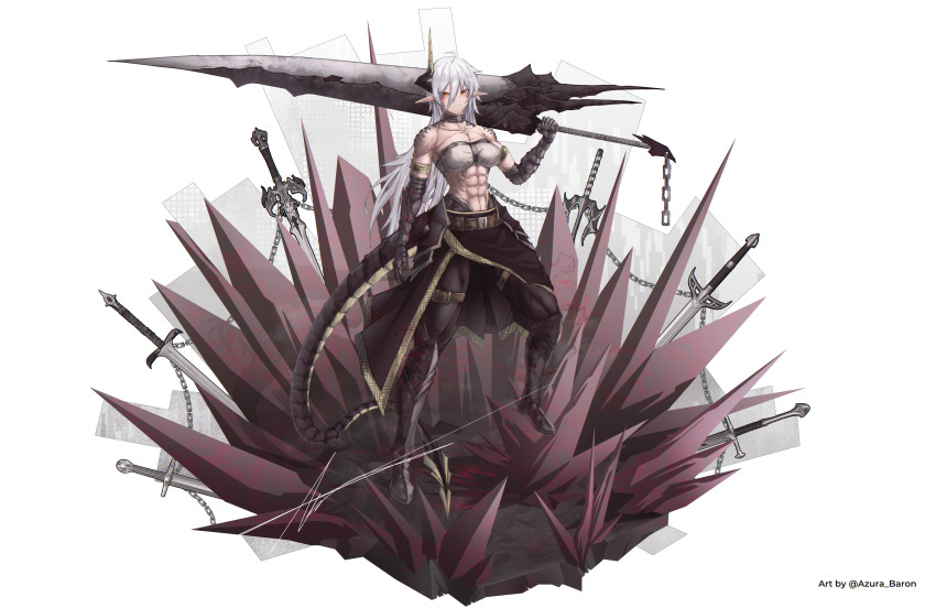 1girl abs absurdres ahoge armor azura_anblue belt breasts chain dragon_girl dragon_horns dragon_tail fang fantasy faulds full_body gauntlets greaves highres holding holding_sword holding_weapon horns huge_weapon loincloth long_hair looking_at_viewer medium_breasts muscular muscular_female orange_eyes original over_shoulder planted planted_sword planted_weapon pointy_ears scales signature single_horn solo sword tail very_long_hair weapon weapon_over_shoulder white_hair