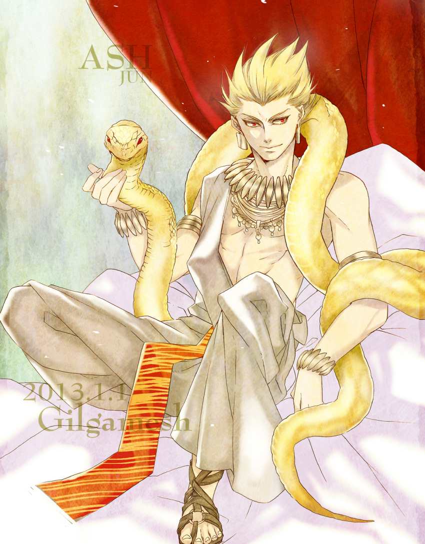 1boy armlet bed blonde_hair bracelet dated earrings fate/zero fate_(series) gilgamesh_(fate) highres jewelry jun_(ash) male_focus necklace red_eyes sandals snake solo toga