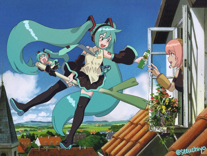 2girls :d aqua_eyes aqua_hair aqua_necktie artist_name black_boots black_skirt black_sleeves blue_sky boots bottle broom broom_riding building cloud colored_shoe_soles commentary detached_sleeves english_commentary full_body hachune_miku hatsune_miku headphones highres holding holding_bottle long_hair looking_at_another majo_no_takkyuubin megurine_luka mountainous_horizon multiple_girls necktie open_mouth open_window outdoors parody pink_hair plastic_bottle pleated_skirt poppippoo_(vocaloid) rooftop skirt sky smile spring_onion studio_ghibli_(style) style_parody sv02chiyo thigh_boots twitter_username very_long_hair vocaloid window