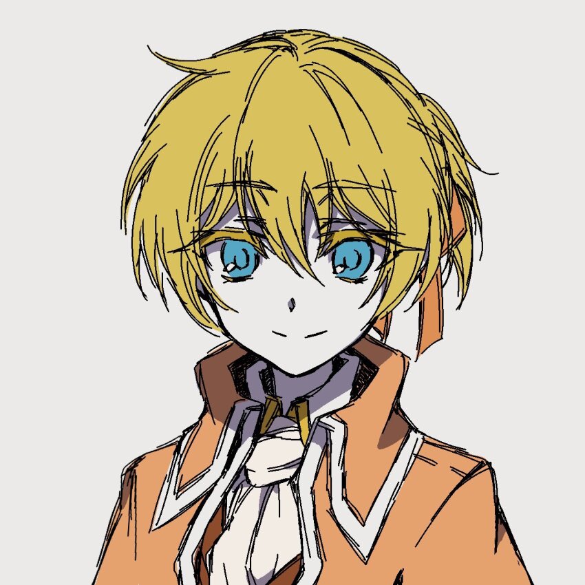 1boy aku_no_meshitsukai_(vocaloid) allen_avadonia ascot blonde_hair blue_eyes brown_vest coat collared_coat collared_jacket collared_shirt evillious_nendaiki hair_between_eyes hair_ribbon highres jacket kagamine_len limited_palette looking_at_viewer orange_coat orange_jacket orange_ribbon pale_skin ponytail ribbon rice_rice_2525 shirt short_ponytail sketch smile solo upper_body vest vocaloid white_ascot white_shirt