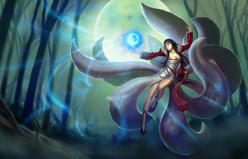 1girl ahri_(league_of_legends) black_hair breasts cleavage detached_sleeves female_focus fox fox_tail kienan_lafferty kitsune korean_clothes kyuubi large_breasts league_of_legends long_hair moon multiple_tails official_art solo tail