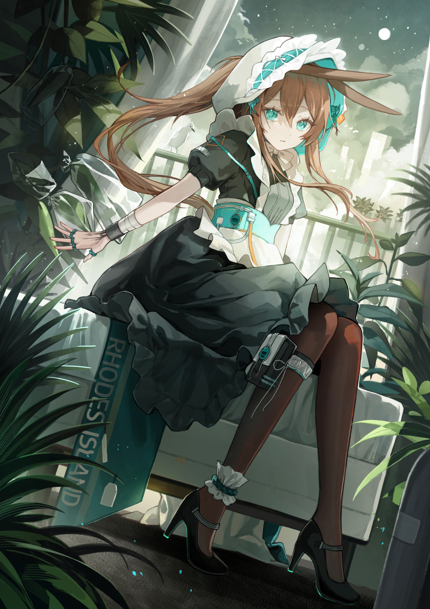 1girl absurdres alternate_costume amiya_(arknights) animal_ears ankle_garter arknights black_dress black_footwear blue_eyes brown_hair brown_pantyhose commentary dress dutch_angle enmaided full_body happyongdal high_heels highres infection_monitor_(arknights) jewelry long_hair looking_at_viewer maid maid_headdress multiple_rings pantyhose puffy_short_sleeves puffy_sleeves rabbit_ears rabbit_girl ring short_sleeves sitting solo