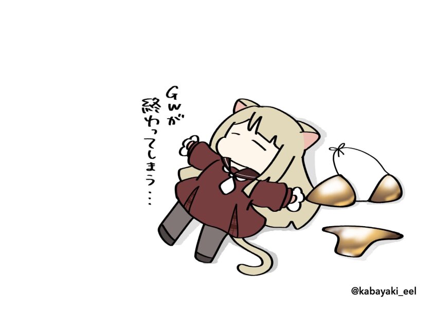 1girl =_= animal_ears animal_hands assault_lily bikini black_shoes blonde_hair blunt_bangs blunt_ends brown_pantyhose brown_sailor_collar cat_ears cat_girl cat_paws cat_tail chibi closed_eyes full_body gold_bikini golden_week hands_up highres kabayaki_(kabayaki_eel) kanba_girls_high_school_uniform kemonomimi_mode long_hair long_sleeves lying miniskirt miyagawa_takane necktie no_mouth on_back outstretched_arms pantyhose red_shirt red_skirt sailor_collar school_uniform serafuku shadow shirt shoes short_necktie simple_background skirt solo swimsuit tail translated twitter_username unworn_bikini unworn_bikini_bottom unworn_bikini_top white_background white_necktie