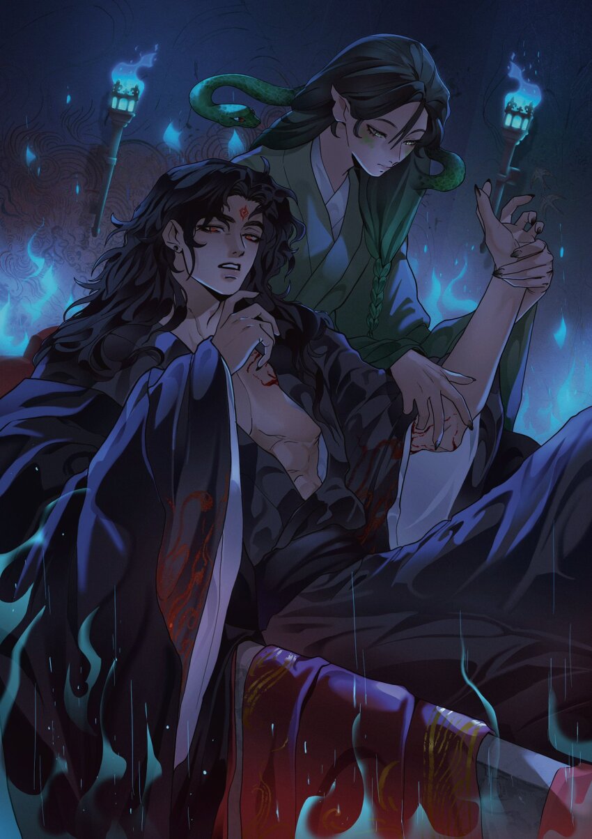 2boys black_hair black_hanfu black_nails blue_fire braid chinese_clothes djuney9 facial_mark fingernails fire forehead_mark green_eyes green_hair green_hanfu green_scales hand_on_own_chin hanfu highres holding_another&#039;s_wrist indoors long_hair long_sleeves looking_at_viewer male_focus multicolored_hair multiple_boys mural notched_ear official_art open_clothes open_mouth pectoral_cleavage pectorals pointy_ears red_eyes renzha_fanpai_zijiu_xitong sash scales sharp_fingernails sitting snake snake_hair tianlang_jun uncle_and_nephew wide_sleeves zhuzhi_lang zuiyin