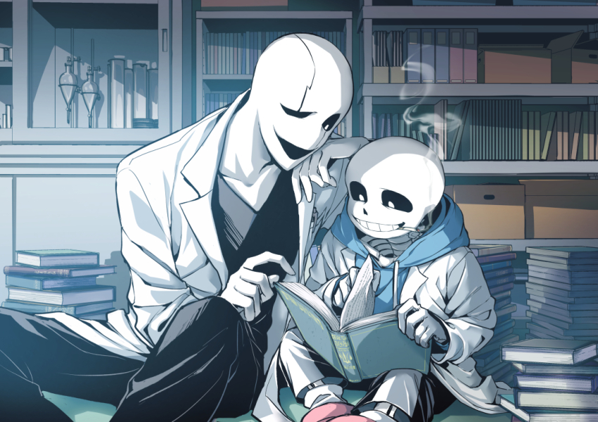 2boys ahin_vpv black_sclera book book_stack cigarette coat colored_sclera grin holding holding_book male_focus multiple_boys reading sans_(undertale) skeleton smile smoking teeth undertale w.d._gaster white_coat white_eyes