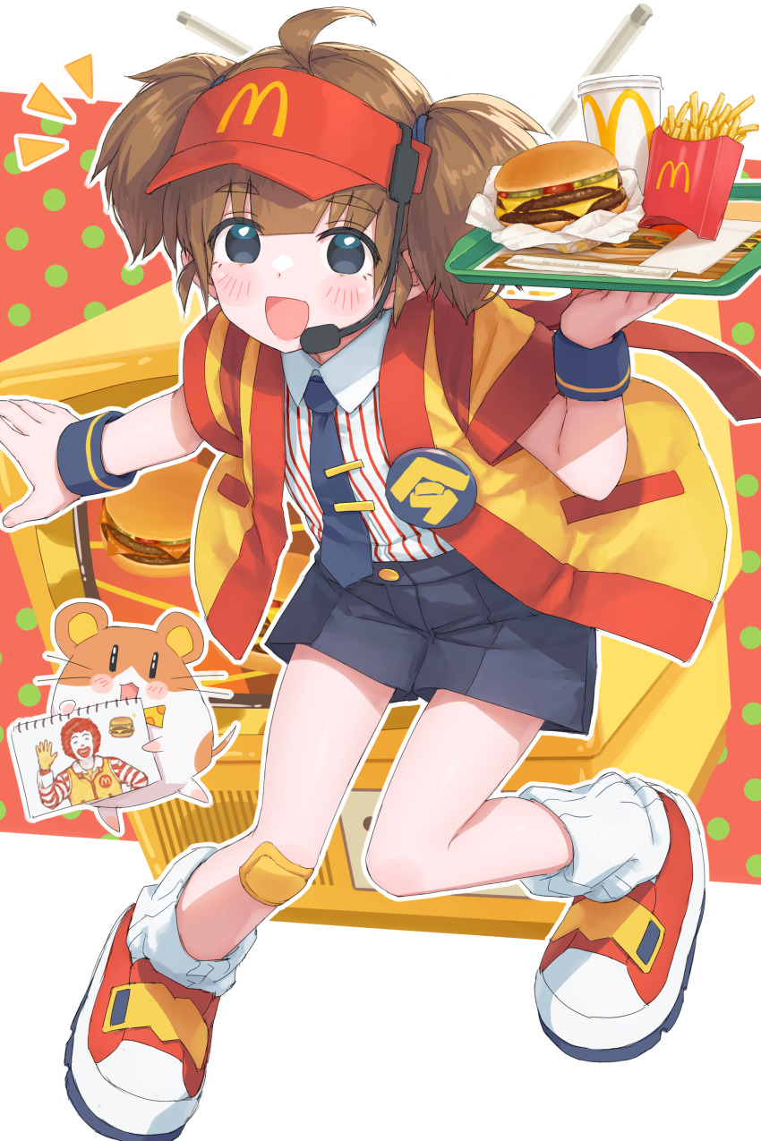 1girl :d absurdres ahoge badge black_eyes black_necktie black_shorts blunt_bangs blush blush_stickers border brown_hair burger button_badge cheese collared_shirt commentary crt cup disposable_cup dress_shirt food food_wrapper french_fries gauze_on_knee hair_between_eyes hamster hat hayashi_naoharu headset highres holding holding_sketchbook holding_tray imadake_dabuchi_tabemi knees_together_feet_apart leaning_forward looking_at_viewer loose_socks mcdonald&#039;s medium_hair microphone necktie open_happi open_mouth outline outside_border outstretched_arms pickle pinstripe_pattern pinstripe_shirt placemat polka_dot polka_dot_background radio_antenna red-footed_tortoise_(kemono_friends) red_background red_hat red_shirt red_shoes red_trim ronald_mcdonald serving shirt shoes short_sleeves shorts sidelocks sketchbook smile sneakers socks solo standing striped_clothes striped_shirt television thick_eyebrows tie_clip tomato tomato_slice tray twintails two-tone_shirt velcro_footwear vertical-striped_clothes vertical-striped_shirt visor_cap white_border white_outline white_shirt white_socks white_trim yellow_happi yellow_trim