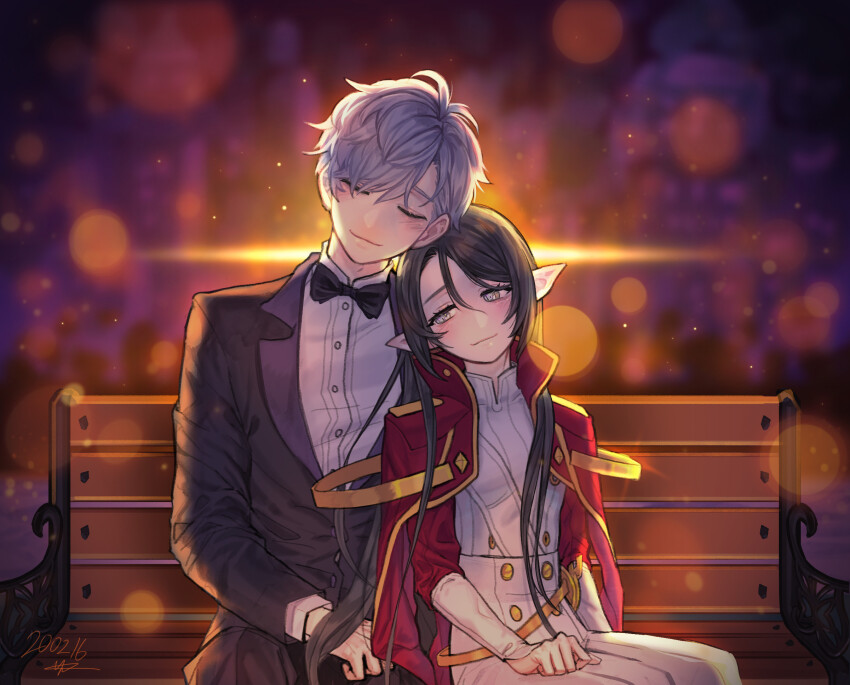1boy 1girl adele_(maplestory) bench black_hair blush bow bowtie cape dool_hana head_tilt highres jerome_(maplestory) knight leaning_on_person long_hair long_sleeves maplestory pants pointy_ears red_cape short_hair sitting sleeping smile tuxedo white_hair white_pants white_uniform