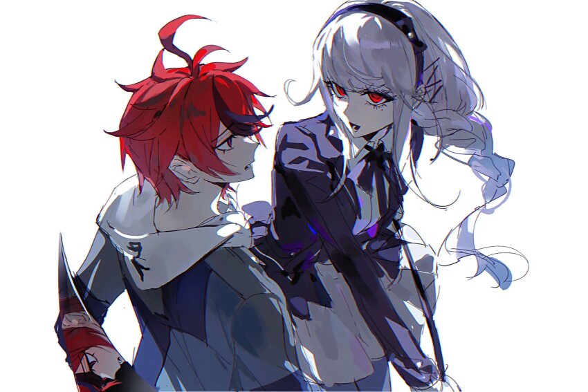 1boy 1girl binxngchng1 black_hair braid braided_ponytail highres hood hoodie kirifuji_nozomi long_sleeves looking_at_another messy_hair multicolored_hair nozomi-g_(hundred_line) possession red_eyes red_hair simple_background sumino_takumi the_hundred_line_-last_defense_academy- white_background