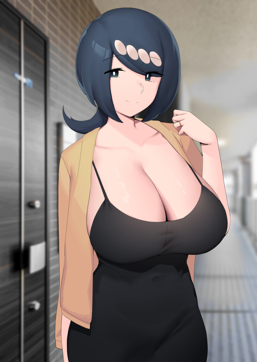 1girl black_dress blue_eyes blue_hair breasts coat dress highres huge_breasts lana&#039;s_mother_(pokemon) looking_at_viewer mature_female moebell nintendo outdoors pokemon pokemon_(anime) pokemon_sm_(anime) short_hair skin_tight smile solo