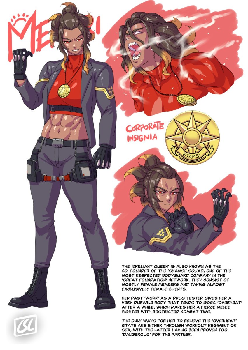 1girl abs biceps reference_sheet dark-skinned_female dark_skin english_text female_focus fighting_stance gloves highres jacket jewelry long_hair mentari_(phoebus_art) midriff multicolored_hair muscular muscular_female necklace original phoebus_art pouch red_eyes sharp_teeth teeth
