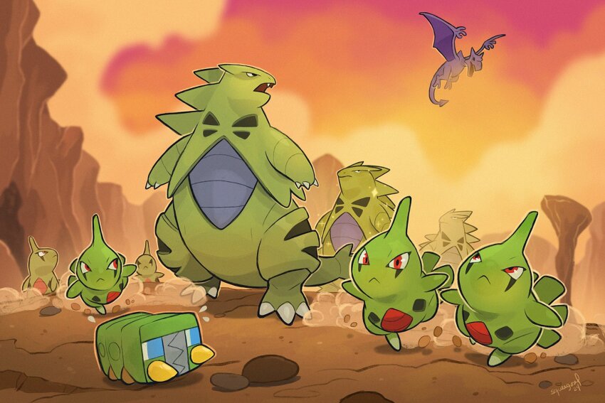 aerodactyl charjabug cloud gen_1_pokemon gen_2_pokemon gen_7_pokemon larvitar nintendo no_humans open_mouth orange_sky outdoors pokemon pokemon_(creature) red_eyes signature sky squeegool standing tyranitar