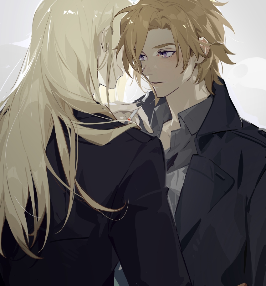 2boys absurdres aldaduzuoaoda back black_nails blonde_hair cigarette coat collared_shirt daybit_sem_void fate/grand_order fate_(series) grey_background highres holding holding_cigarette long_hair male_focus multiple_boys purple_eyes shirt short_hair simple_background smile tezcatlipoca_(fate) upper_body