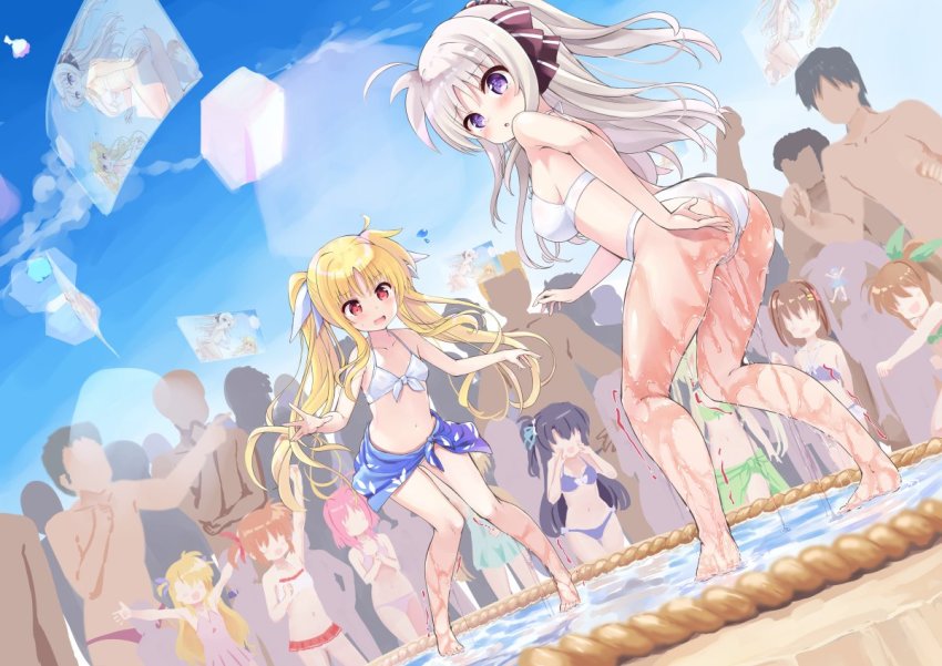6+boys 6+girls ahoge arm_up arms_up ass barefoot bikini black_hair blonde_hair blue_bikini blue_sarong blush breasts brown_hair caro_ru_lushe character_request cloud faceless faceless_female faceless_male fate_testarossa fuka_reventon green_bikini green_sarong hand_to_own_mouth hands_on_own_chest holographic_monitor leaning_forward legs long_hair looking_at_viewer lotion lyrical_nanoha mahou_shoujo_lyrical_nanoha medium_breasts mini_person minigirl multiple_boys multiple_girls navel one-piece_swimsuit open_mouth outdoors outstretched_arms own_hands_together pink_bikini pink_hair pink_one-piece_swimsuit pink_skirt ponytail purple_bikini purple_eyes red_eyes reinforce_zwei ribbon rinne_berlinetta sarong short_hair shouting side_ponytail skirt sky small_breasts smile sumo swimsuit swimsuit_skirt takamachi_nanoha tenjou_ryuka thighs time_paradox trembling twintails two_side_up very_long_hair vivid_strike! vivio white_bikini white_hair yagami_hayate