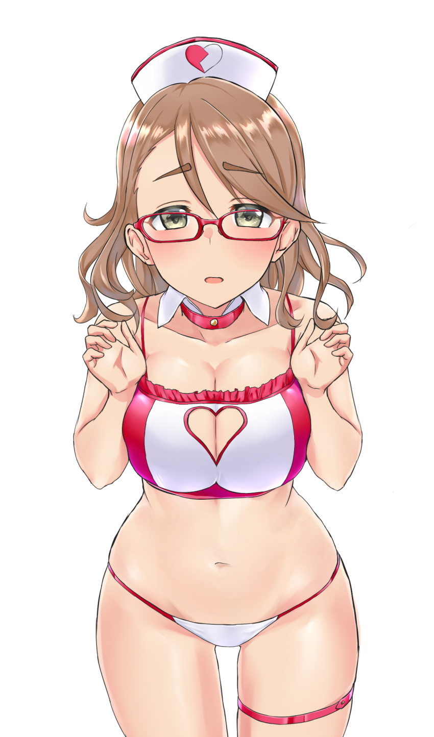 1girl aimobake bespectacled blush bra breasts breasts_squeezed_together brown_hair clothing_cutout collar cowboy_shot detached_collar frilled_bra frills glasses green_eyes half-closed_eyes hat heart heart_cutout heart_print highres idolmaster idolmaster_cinderella_girls large_breasts looking_at_viewer medium_hair navel nurse_cap open_mouth panties red-framed_eyewear simple_background solo standing string_panties swept_bangs thigh_strap underwear underwear_only white_background white_collar white_hat white_panties yanagi_kiyora