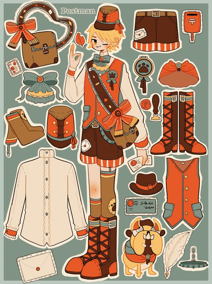 1boy alternate_costume autumn_leaves belt blonde_hair blue_background blue_border blue_bow boots border bow brooch brown_bag brown_belt brown_boots brown_hat brown_shorts brown_socks brown_thighhighs buttons capelet character_name dog feathers frilled_sleeves frills full_body garter_straps hat hat_bow hat_ribbon high_collar highres holding holding_letter identity_v jewelry kneehighs lace-up_boots leaf letter male_focus ok_sign one_eye_closed orange_eyes outline outside_border paw_print postage_stamp red_bow red_capelet red_ribbon red_vest ribbon sash shirt short_hair shorts single_garter_strap socks solo stitched_mouth stitches thighhighs vest victor_grantz wax_seal wax_stamp white_outline white_shirt whybe123 wick_(identity_v)