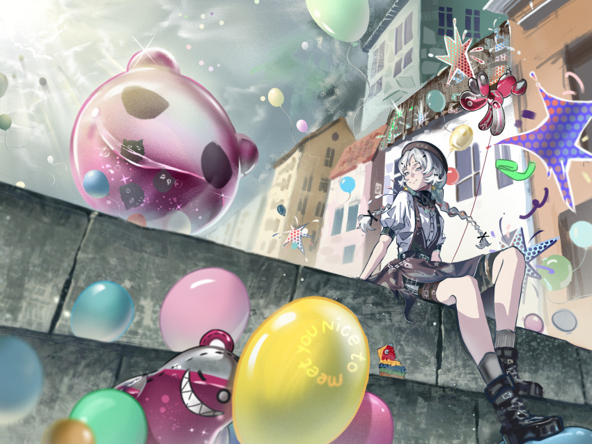 1girl balloon balloon_animal balloon_party beret black_boots black_bow black_bowtie black_hat black_skirt boots bow bowtie braid carbuncle_(reverse:1999) closed_mouth creature facial_mark forehead_mark freckles from_below full_body graffiti grey_eyes grey_sky grey_socks hat highres house long_hair looking_at_viewer low_twin_braids luojia_ying miniskirt overall_skirt overcast pinata puffy_short_sleeves puffy_sleeves reverse:1999 shirt short_sleeves sitting skirt sky smile socks solo sunlight turning_head twin_braids white_hair white_shirt wide_shot