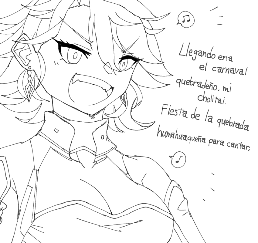 36rt azur_lane breasts cleavage earrings highres jewelry music musical_note phoenix_(azur_lane) singing sketch smile spanish_text speech_bubble translation_request