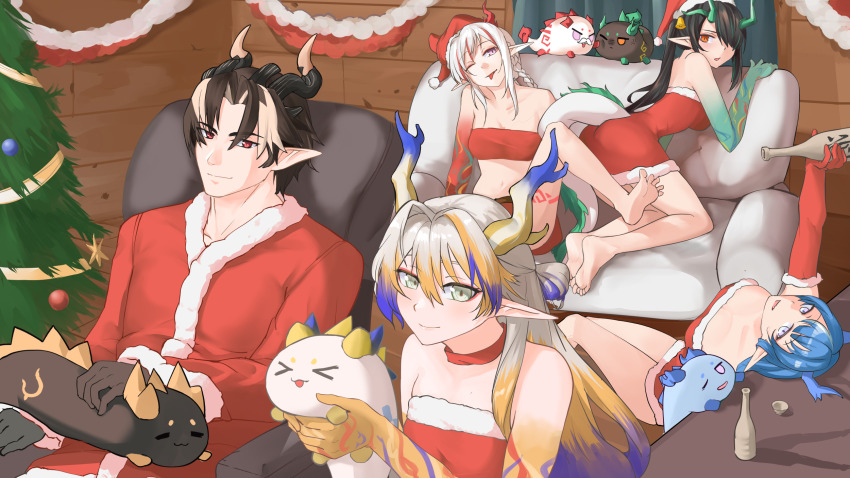 1boy 4girls alternate_costume animal animalization arknights bare_shoulders black_hair blonde_hair blue_hair bottle braid chongyue_(arknights) christmas closed_mouth colored_extremities colored_skin dragon_boy dragon_bubble_(arknights) dragon_horns dragon_tail dress dusk_(arknights) elbow_gloves fur-trimmed_dress fur_trim gloves green_skin grey_eyes hair_between_eyes hair_intakes hair_over_one_eye hat highres holding holding_animal holding_bottle horns indoors jacket ling_(arknights) long_hair long_sleeves looking_at_viewer multicolored_hair multiple_girls neti_(cpu11151) nian_(arknights) off-shoulder_dress off_shoulder parted_lips pointy_ears red_dress red_eyes red_gloves red_hair red_jacket red_shirt red_skin santa_costume santa_hat shirt shu_(arknights) sitting sleeveless sleeveless_shirt smile streaked_hair tail tongue tongue_out white_hair yellow_skin